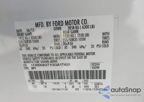 2016 Ford Explorer Sport z USA, uszkodzony, nr VIN 1FM5K8GT1GGA17420